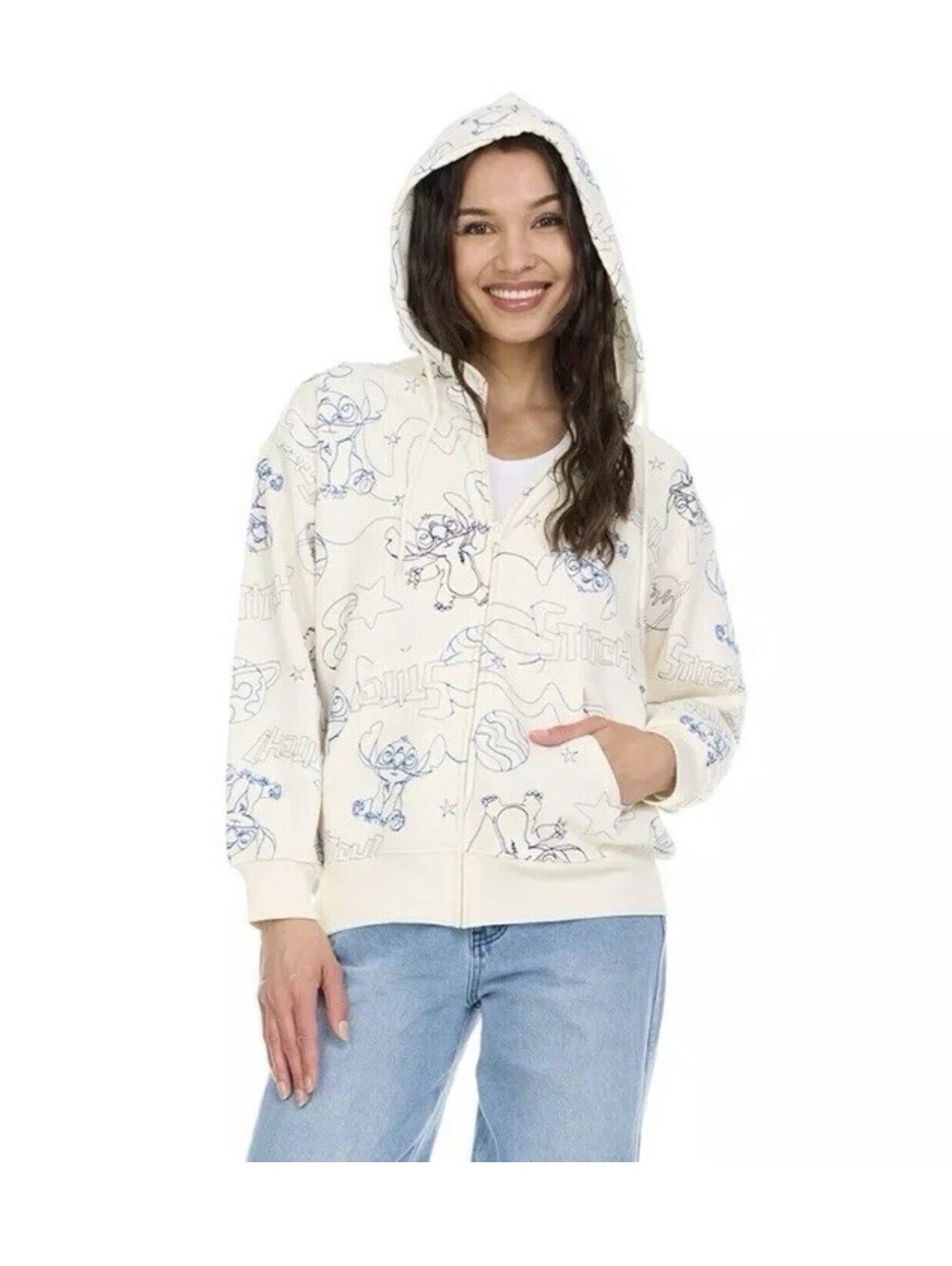 Disney STITCH Jacket NEW Women Sz L Cream Embroidered Full Zip Hoodie Pockets